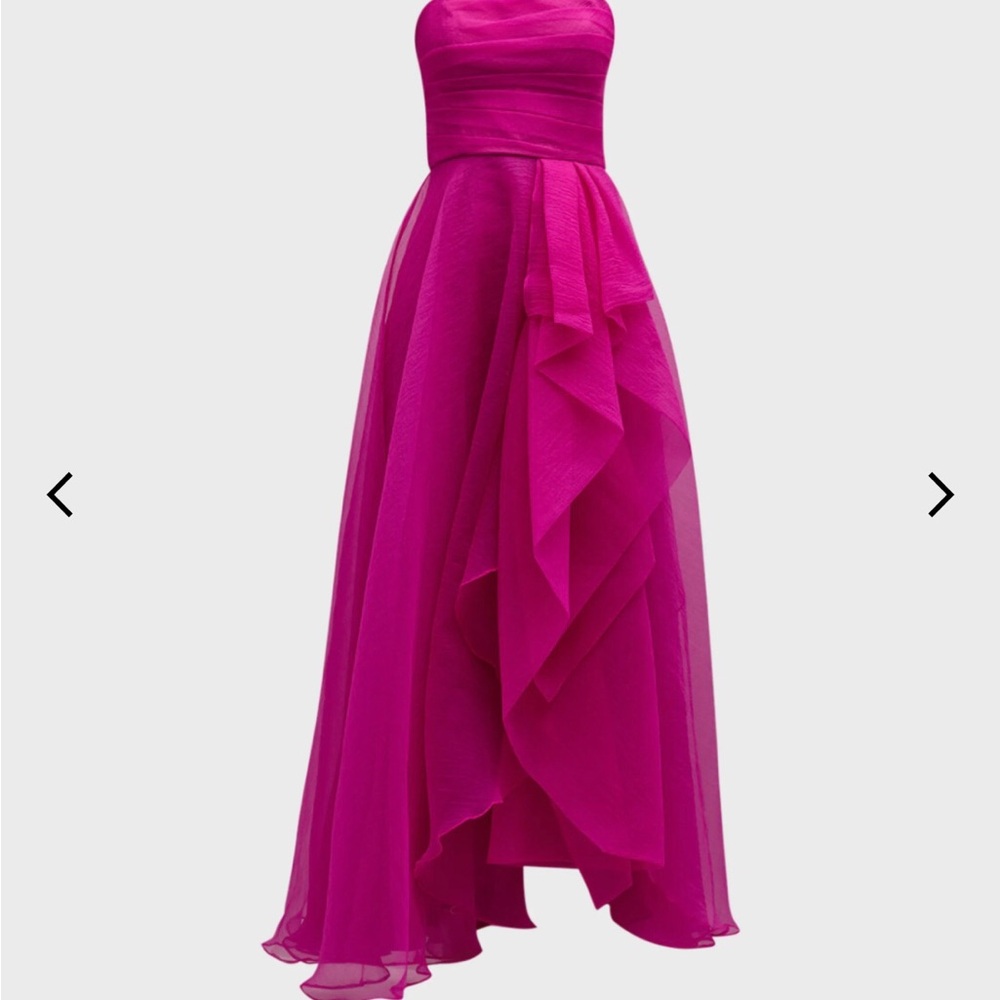 Pink Strapless High-Low Gown with Ruffled Skirt for Prom